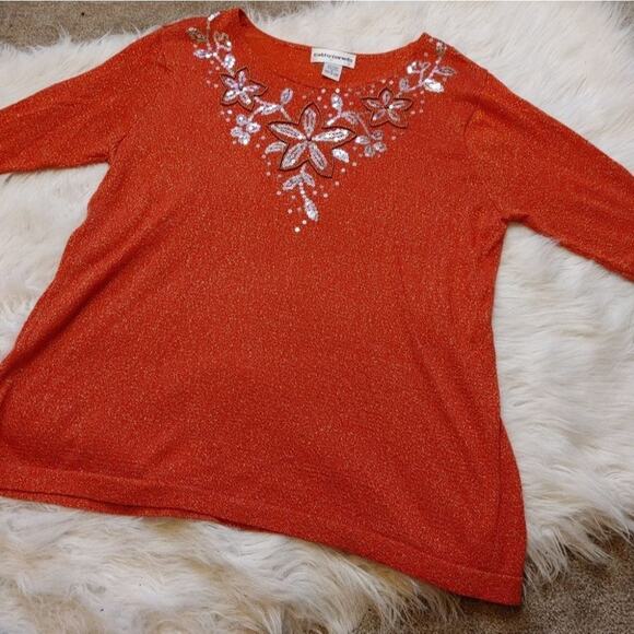 Cathy Daniels Red Shimmer Metallic Shiny Sequin Floral Flower Sheer Spakle XL - Picture 2 of 10